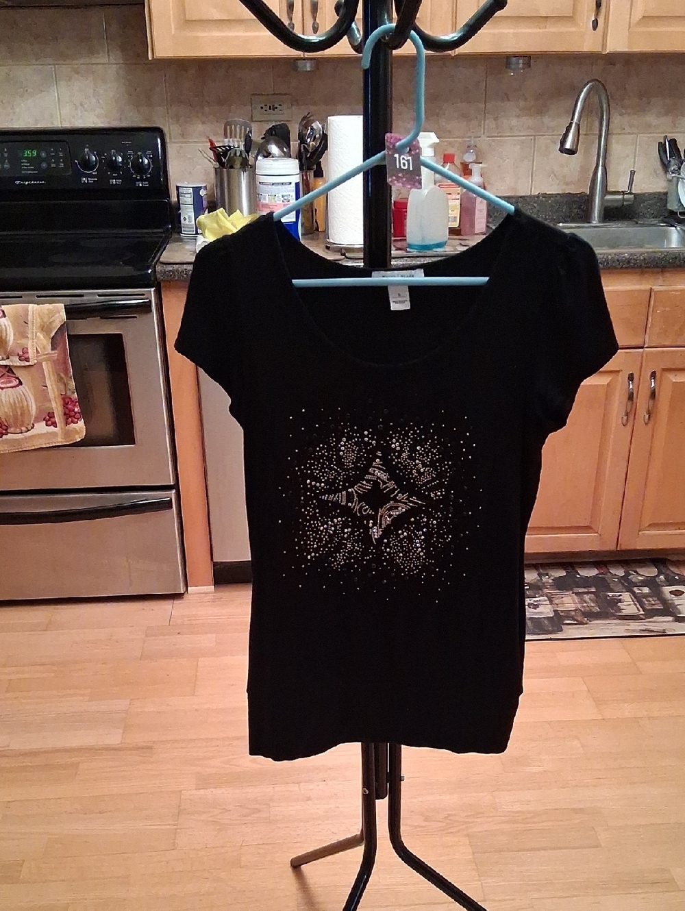 White House Black Market Black Short Sleeve Tee with Sparkle Star Design